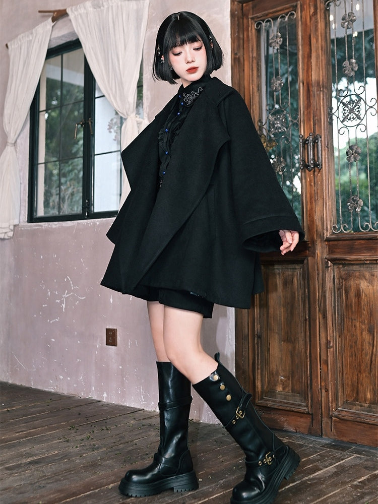 Cape Placket Banded Black Gothic Coat Button - Embroidery Collar Goldfish Single-breasted