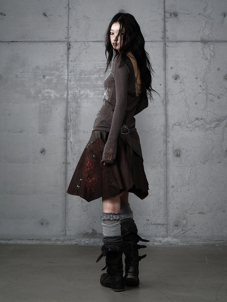 Asymmetrischer Rock Punk Rot mit Stickerei Ödland Saum Braun Blumen Wildleder
