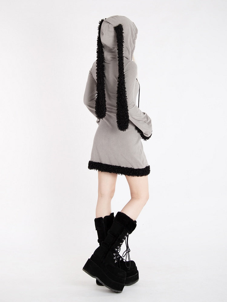 Y2k Gray Bunny Ear Hood Bell Sleeves Plush Trim Dress with Star Straps