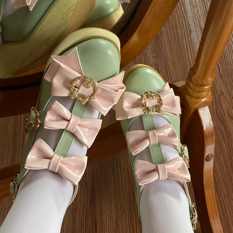 Pink Snap - Green Lolita Toe Pointed Bow Accents Ornate Hime Platforms Design