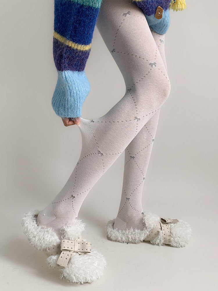 Warm Tights Colors) Dot (3 Ribbed Pattern Bow