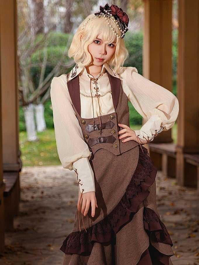 Embroidered Collar with Details Lolita Apricot Blouse and Steampunk Lace-up Gear