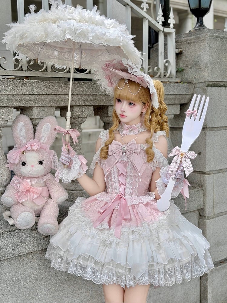 Pink Ballet Style Lace Ruffle Lolita JSK Dress with Bead Chain Bow Details - White Sugar Girl