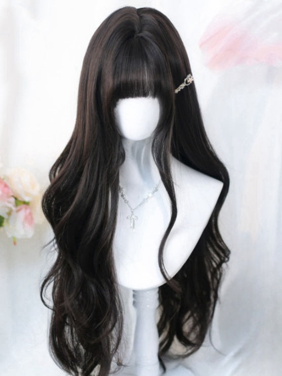 Schwarzer Tee, 65 cm, hüftlange, gewellte Perücke mit Air-Pony