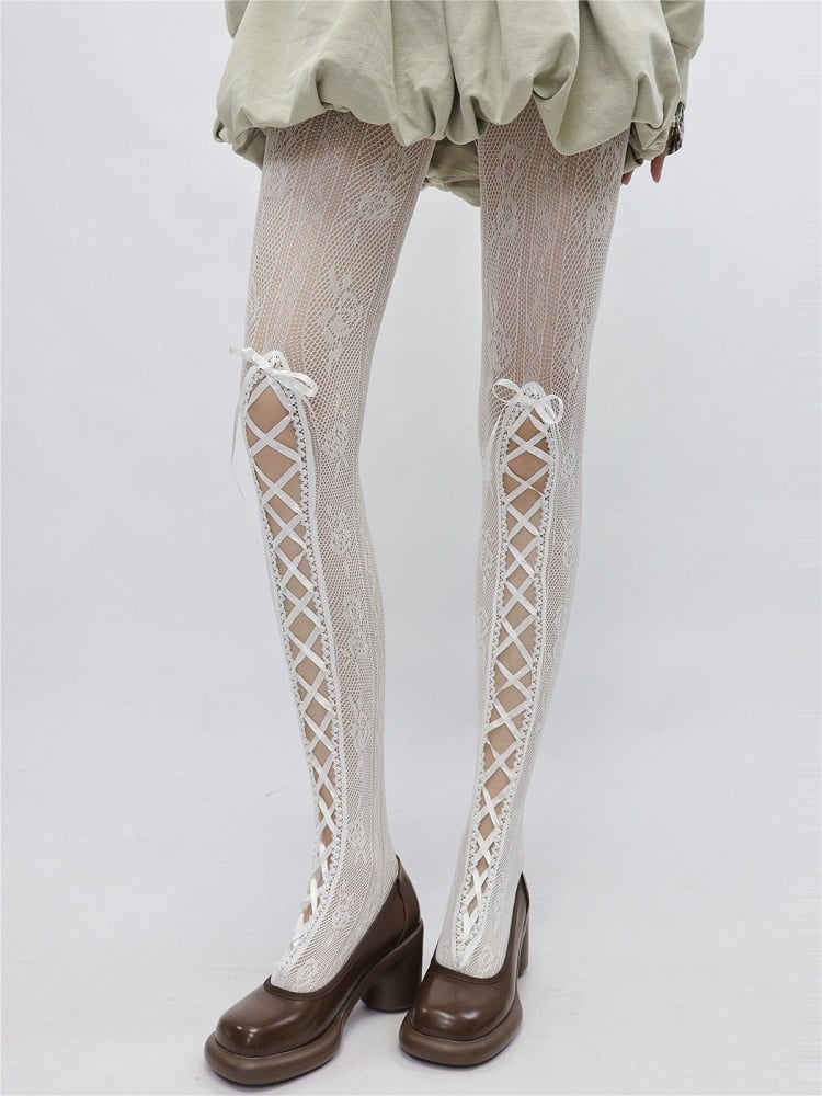 Floral Motif Tights with Lace-Up Accent in Black and White - AY To films