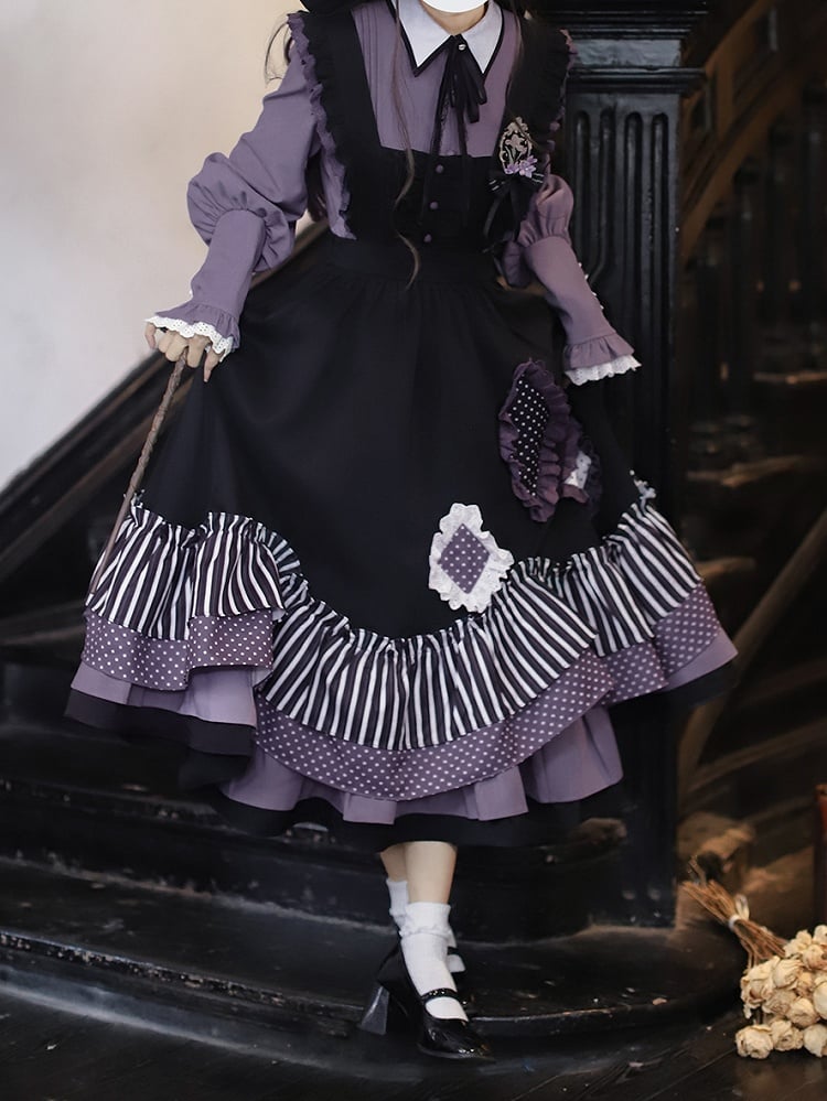 Dress Bittersweet Lolita Apron in Black Stripes and Purple Polka Dot