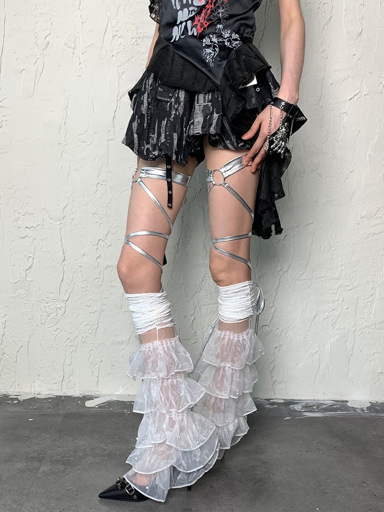 Y2K Layers White Leg Trim Multiple Sleeves Lace