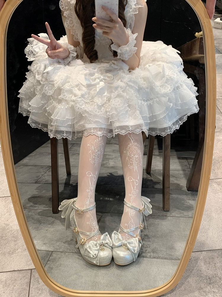 Sparkling Satin Silver 8.5cm High Heels with Crown Buckle and Bowknot - Aimee