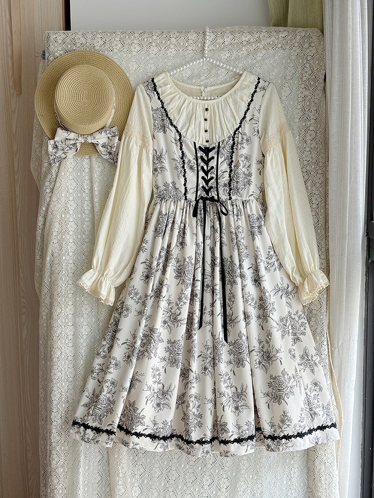 Beige & Black Rosette Print Long-sleeved Elegant Classic Lolita Dress