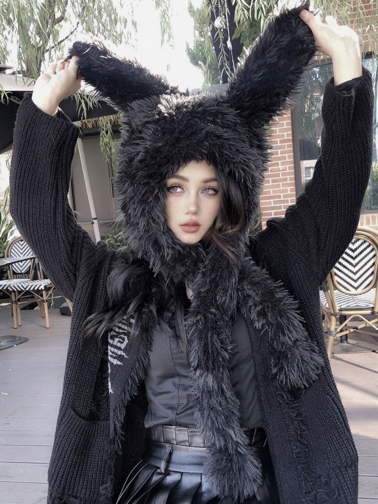 Schwarzer Punk-Plüschhut mit Hasenohren