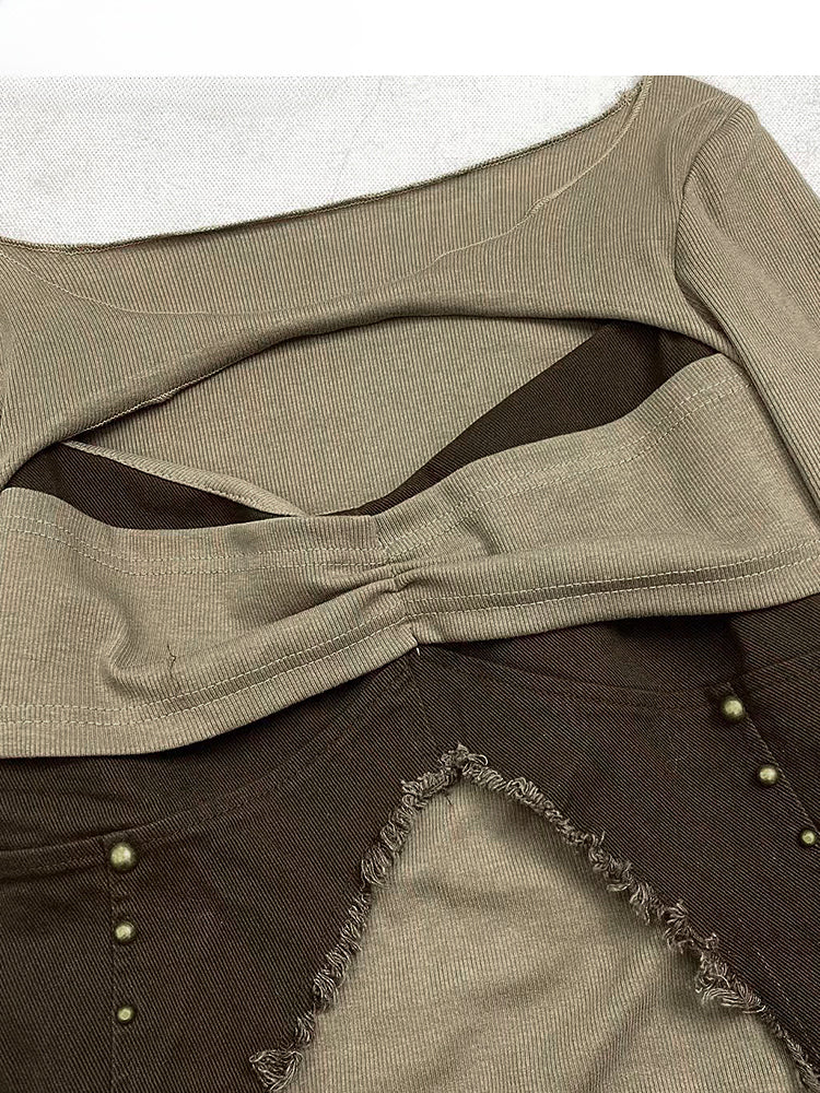 Vintage Brown V-Neck Cutout Detail Glamorous Slim-fitting Top