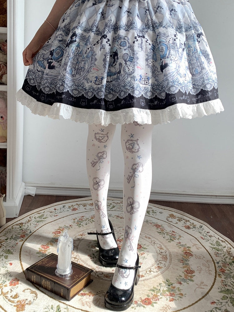 Alice Lolita Theme Gold/Silver and Star Tights Key Print