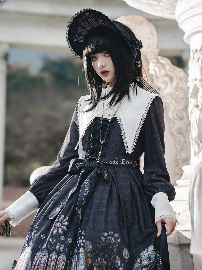 Long Version White Black with Sleeves Dress Lolita Church Gothic Collar Stained Detachable Window