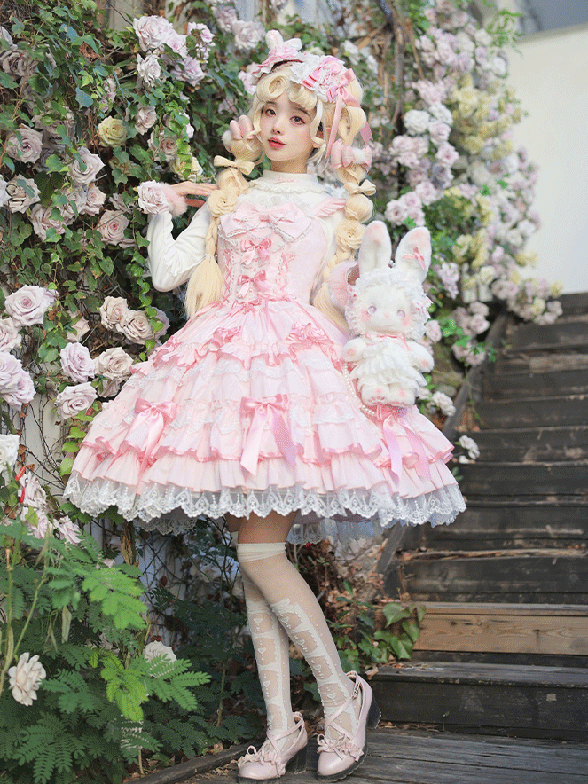 Rockärmel Pullover Old School Lolita Baumwolle Flatterrosa Kleid Schnürung Taille Spitzenbesatz