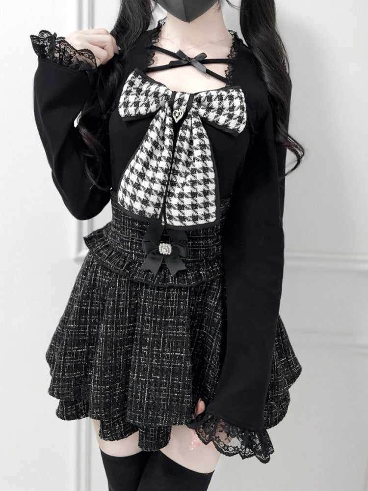 Kei Black/White with and Neckline Tweed Jirai Bow Criss-Cross Top Knit Big