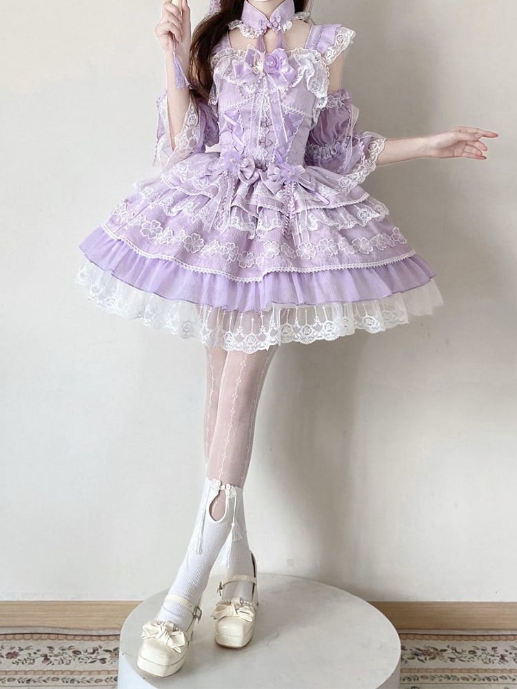 Bows Dress Frog Chinoiserie Flower with Layered Purple Lolita Corset Button Waist