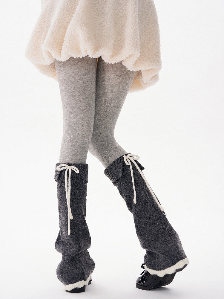 Warmers Detail Leg Bow Fuzzy Knit with 4-Color Contrast Cuff