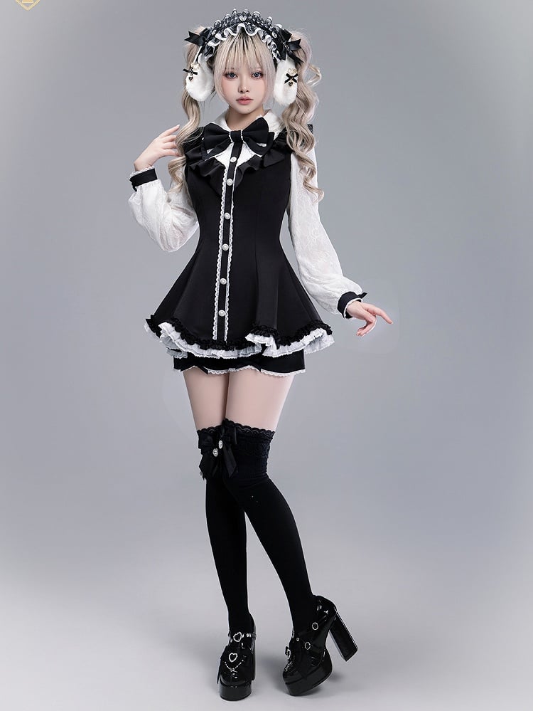 Black Kei with Coord Brooch and Set: White Trim Detachable Scalloped Shorts Edge Top Bow Jirai