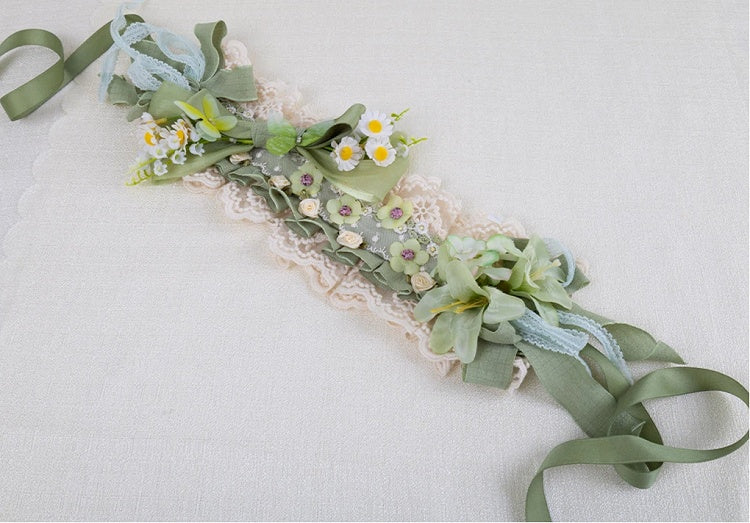 Lolita Butterfly Hairband Green White Daisy Decorated and