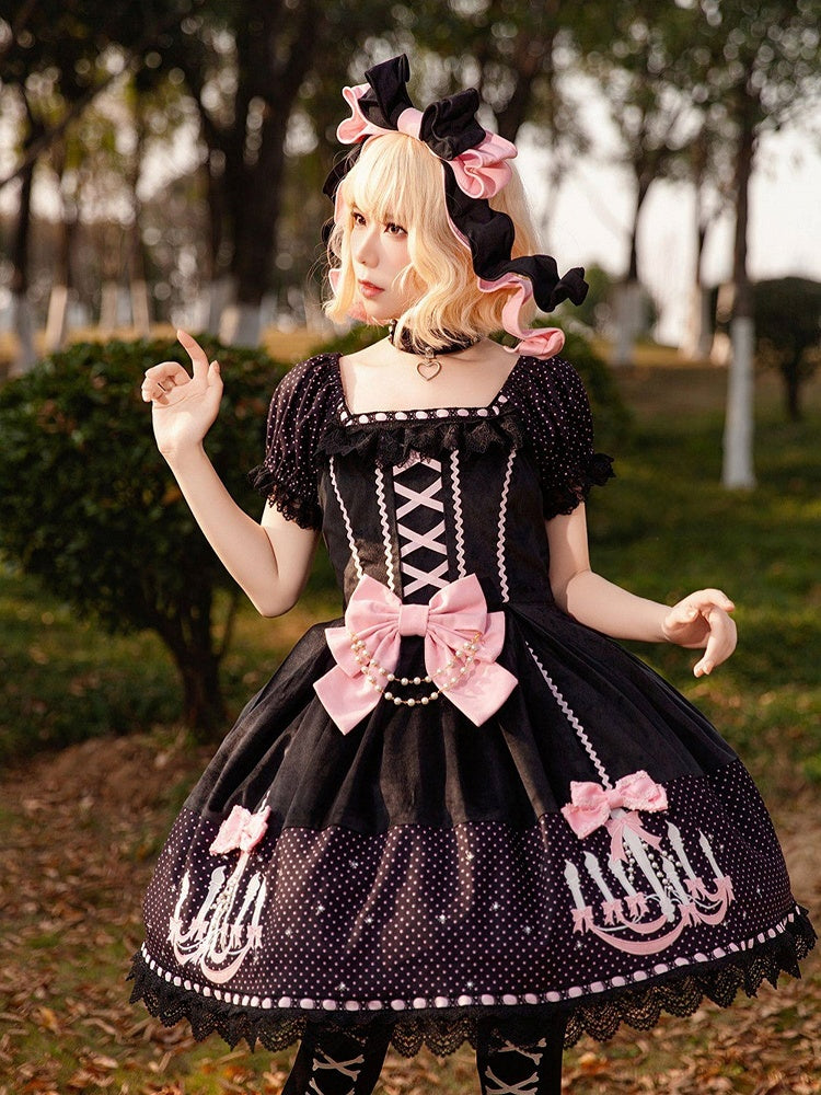 Dot Dress and Lolita with Sweet Print Polka Suede Black Chandelier Pink Bows
