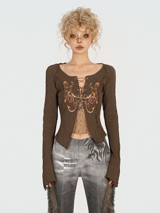 Lace-Up Coffee Vintage Long Sleeve Blouse