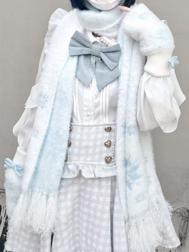Blue Bowknot and Knit Fingerless Gloves with Light Snowflake Bead Accents White