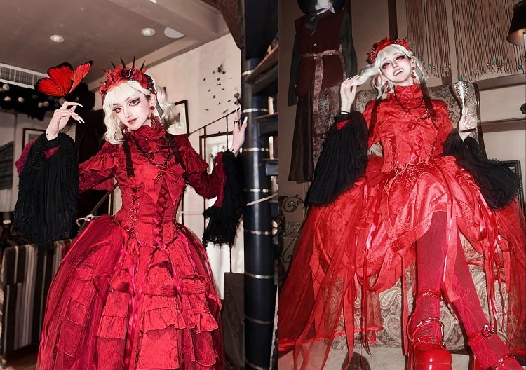 Design Schnürschuhe mit Taillen-Vogelkäfig-Ovarlay-Rot-Lolita-Kleid-Rock groß und Gothic-Schleife-Korsett abnehmbar
