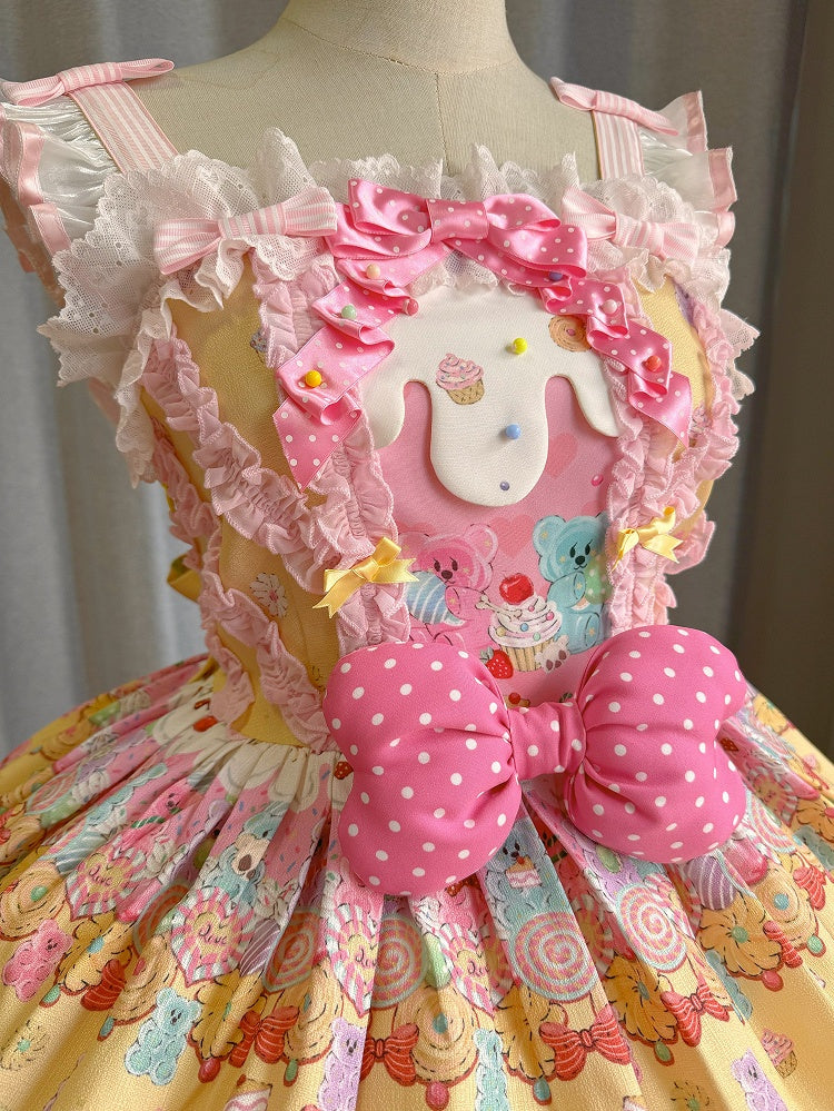 Lolita Desserts – Gelber Pulloverrock mit süßem Gummibärchen- und Bären-Print