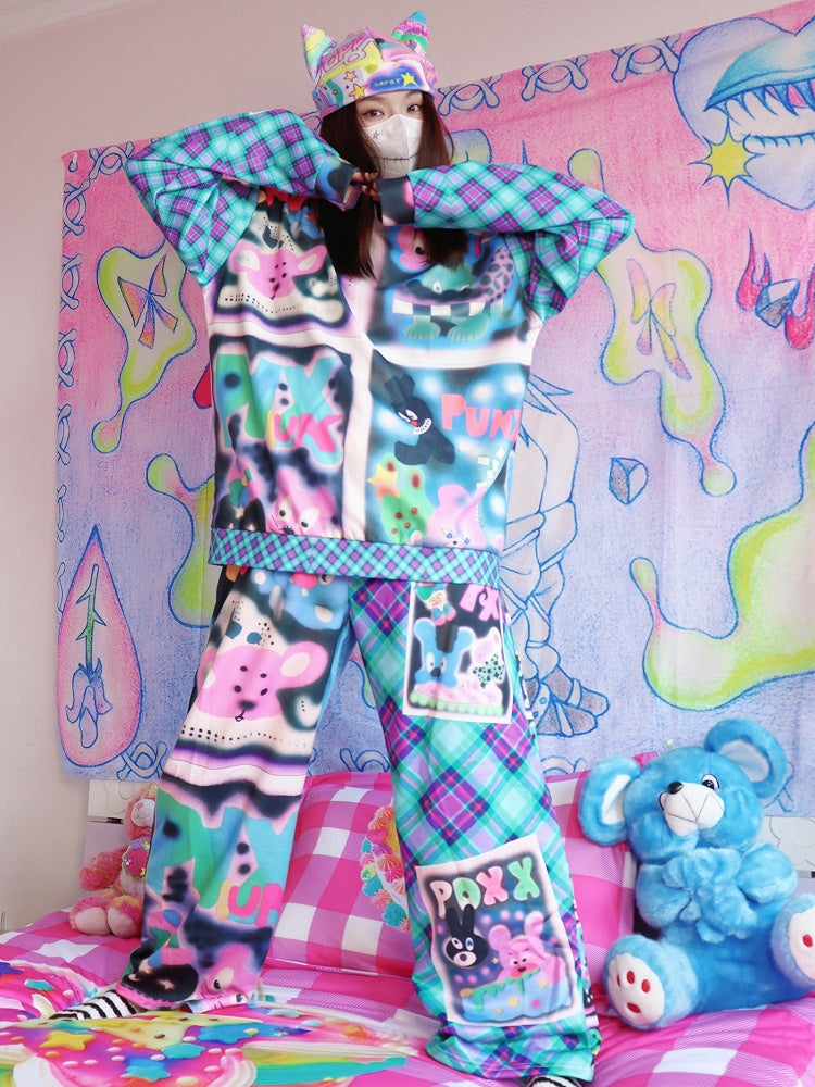 Hosen und Schlaghose Buchstaben Cartoon Muster Silhouette Y2K bunt kariert Print