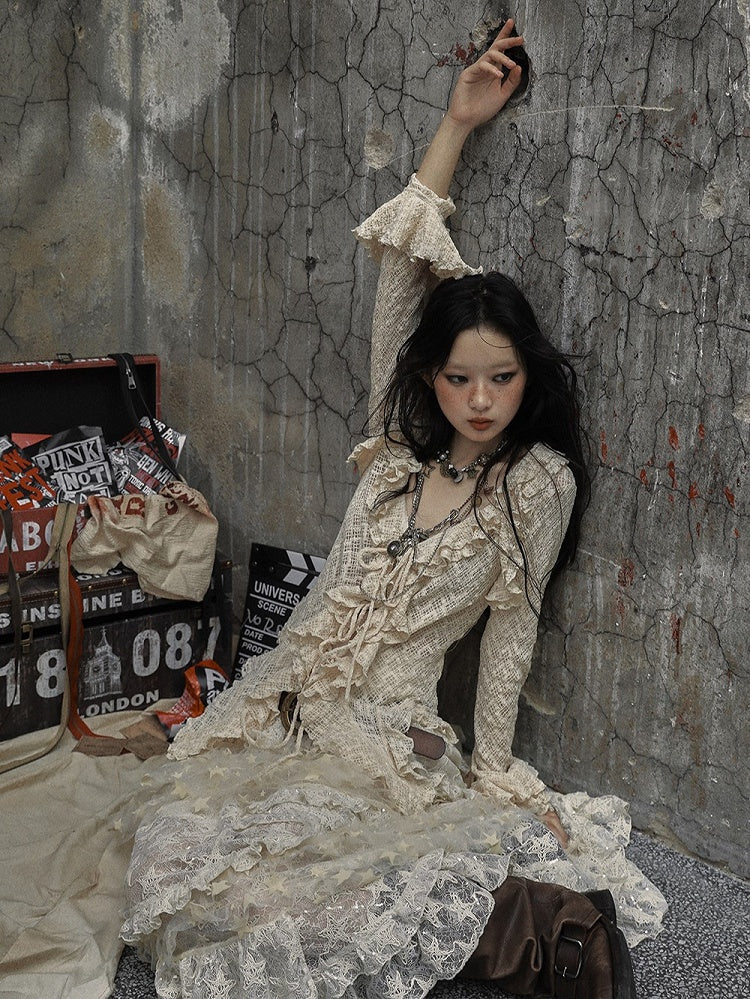 Drawstring Bell Detail Vintage with Ruffle Apricot Sleeves Blouse