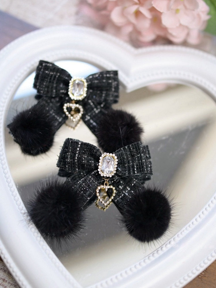 Charm Kei Clip with Heart Tweed Pom-pom Hair Bow Colors 4 Jirai