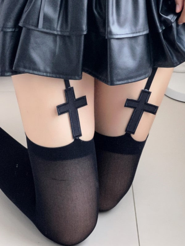 Gothic-Strumpfhose mit Kreuz-Design, schwarz/weiß