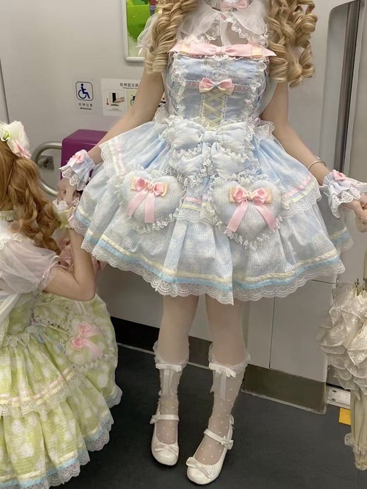 Fabric Decoration Skirt Rosette Blue Padded Jumper Lolita and Heart Bow