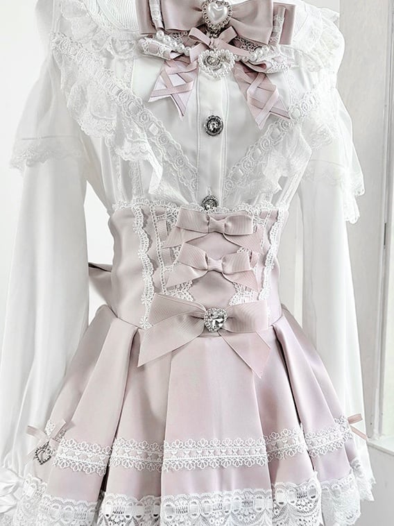 Lace Bow Rhinestone with Detail Double-Layer Decoration High-Waisted Skirt Landmine Tulle Pink