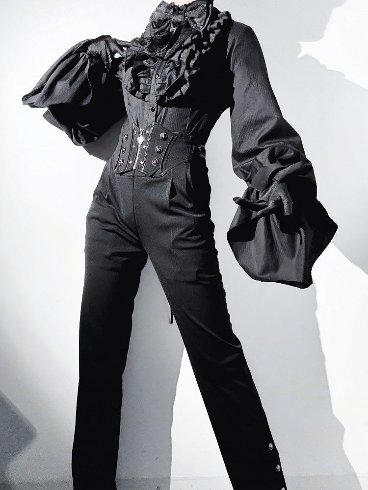 Gothic Black High Long Sleeves Ouji Poet Neck Lolita Ruffled Shirt