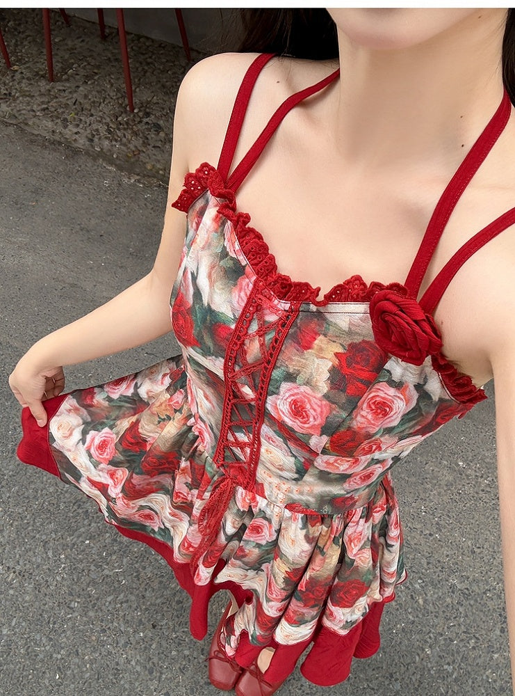 Front Red Rosette Print Cascading Ruffles Lace-up Cami Dress