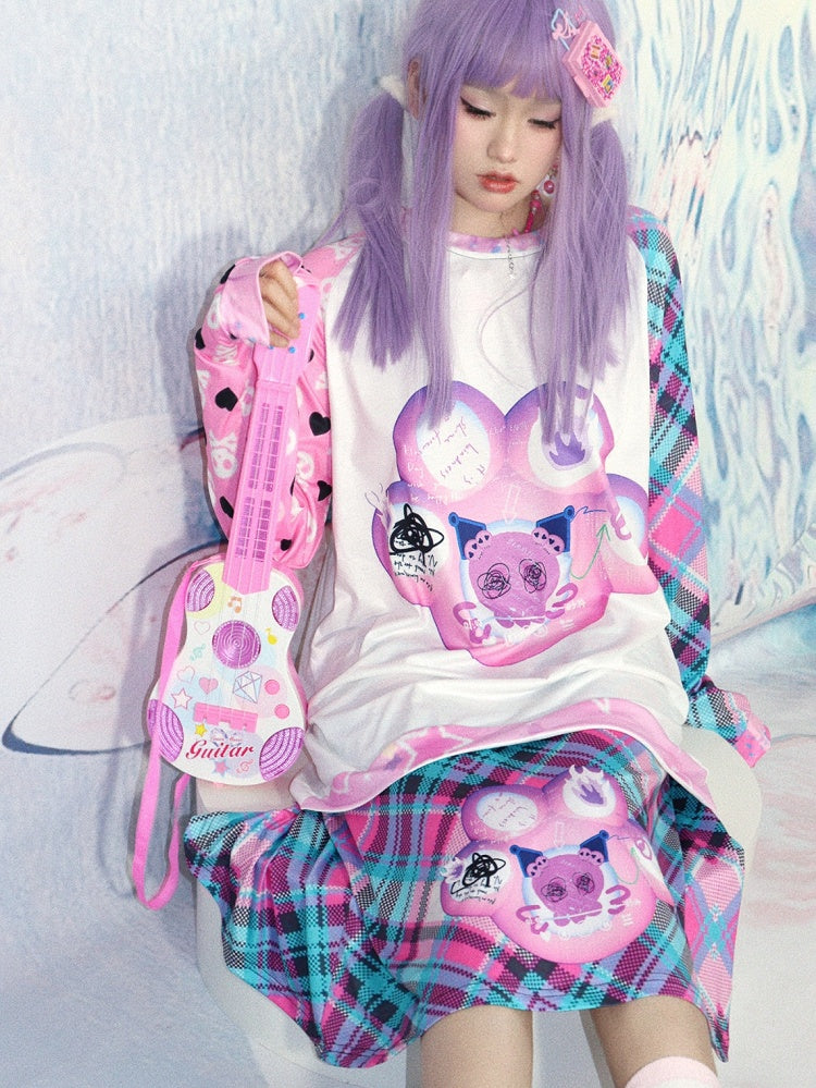 Y2K クローグリーンピンクスカートチェック柄プリント猫