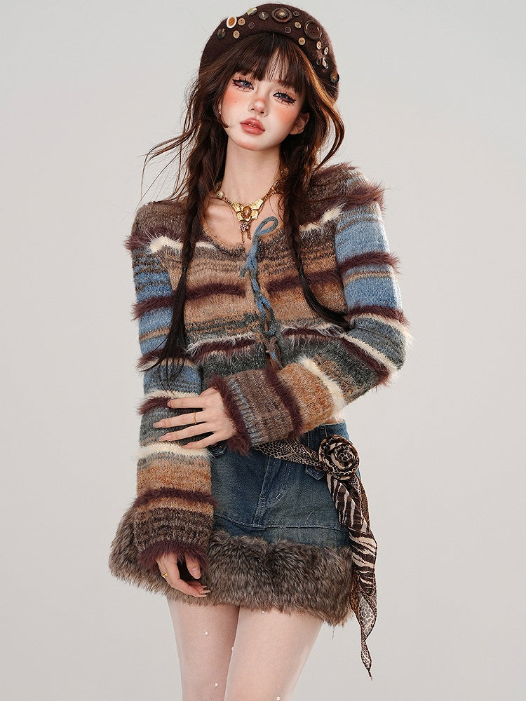 Blue and Brown Tie Dye Striped Cropped Self-tie Straps Cardigan