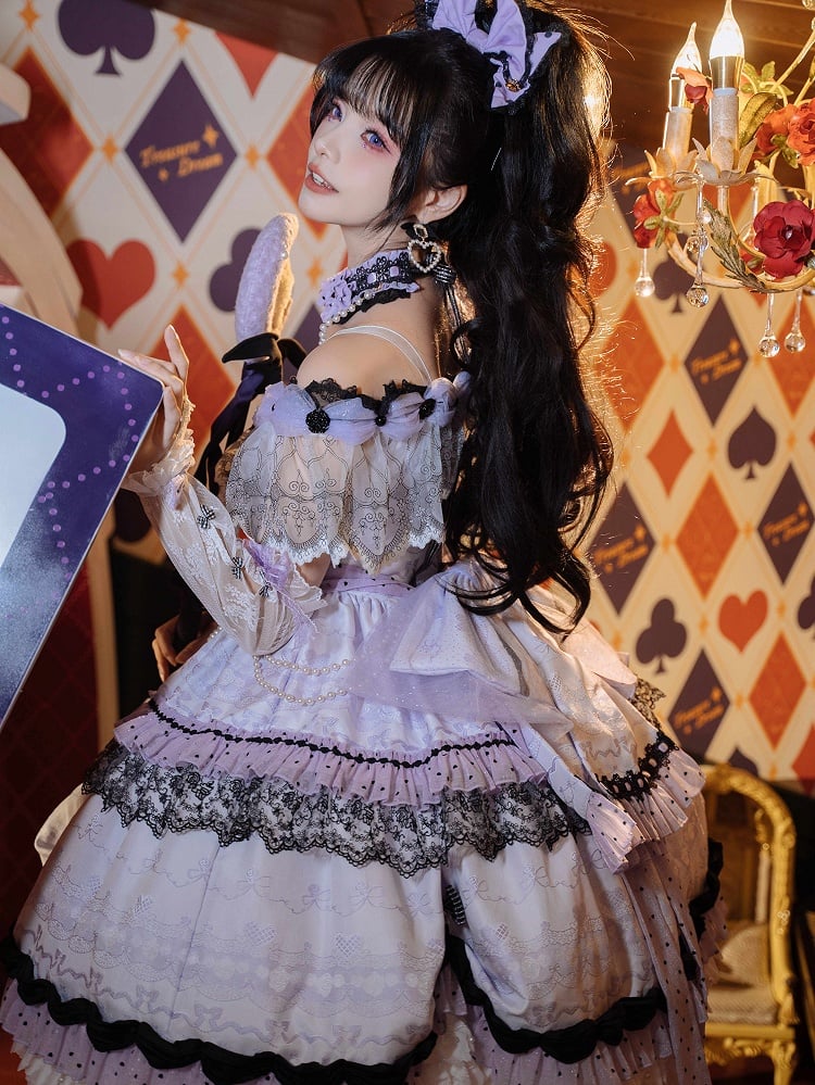 KC Wrist Cuffs Lolita Full Shoulder Choker Veil Set + Dress Mini Off Hime Purple Hat