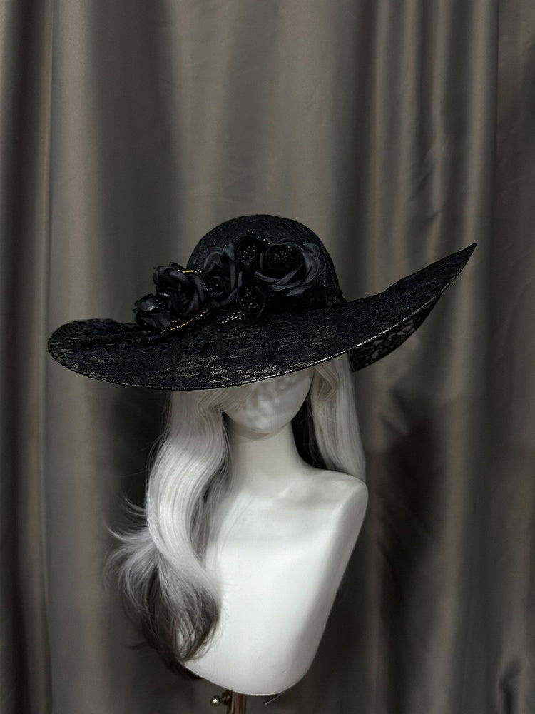 Gothic Lace Hat with Floral Accents - Custom Made Earrings