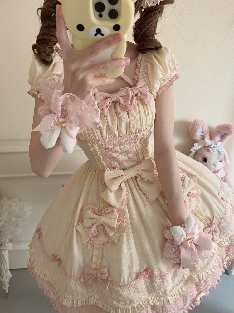Scalloped Edge Scool Lolita Cotton Yellow Skirt Accents Pink Dress and Bow Old Trim