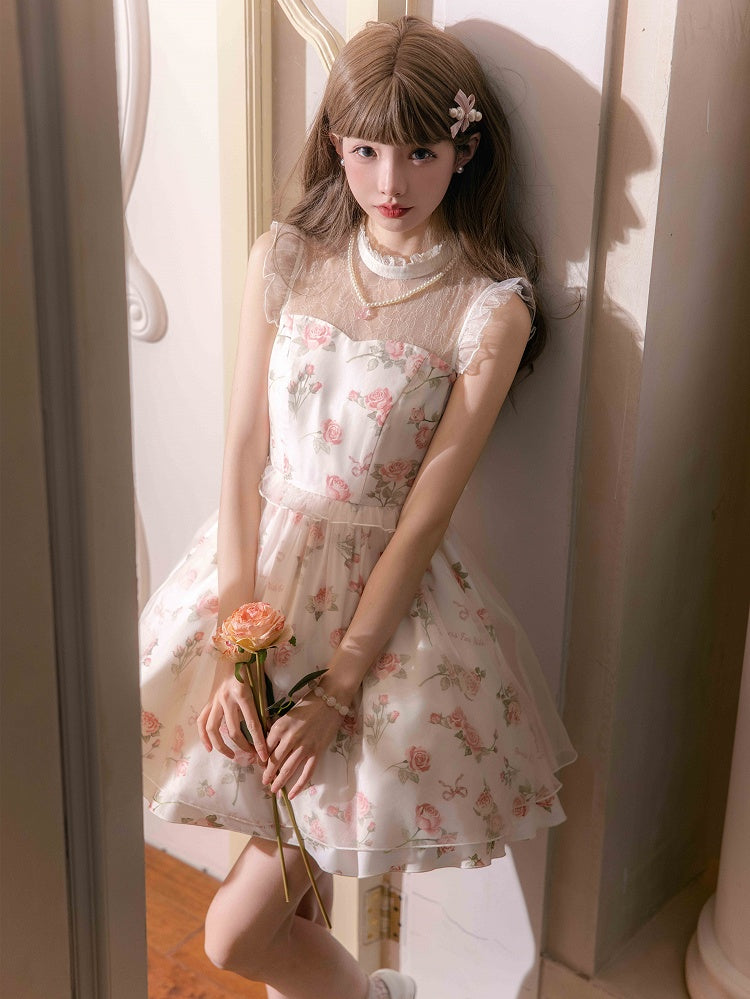 Kleid Rosa Print Rosette Weiß Illusion Lolita Sommer Ausschnitt