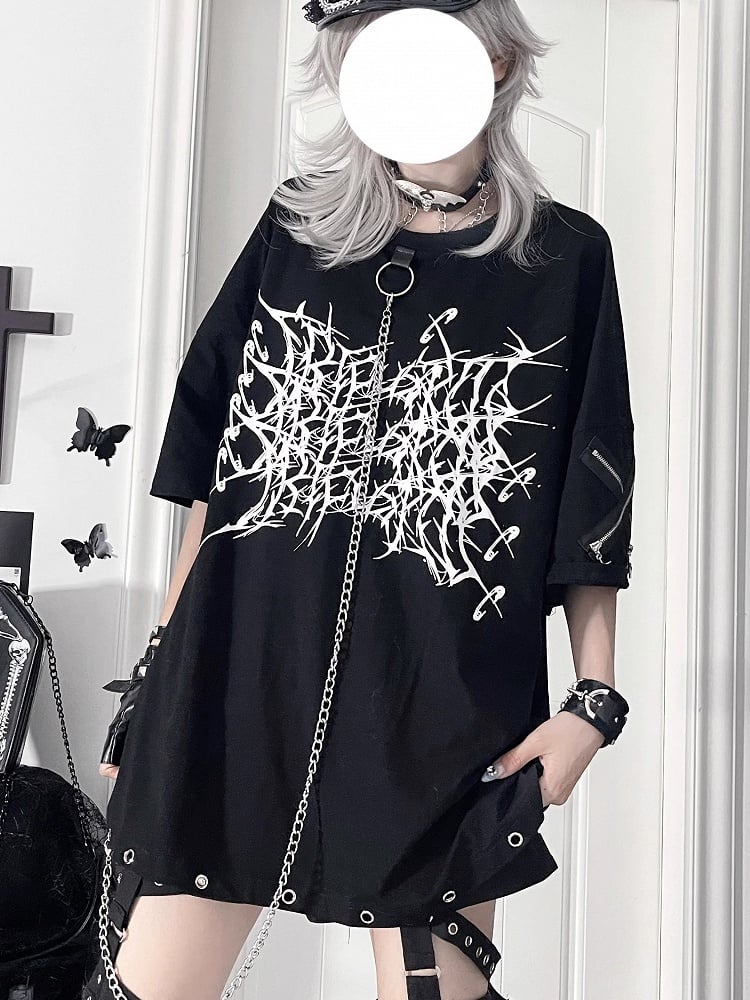 Thorn Gothic T-Shirtwith Chain Loose PrintDetachable White Black