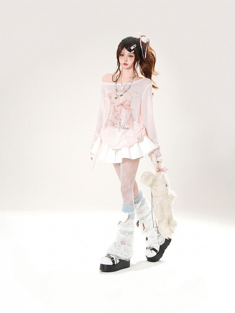 Coverup Adorable Kitten Print Asymmetrical Neckline Pink Semi-sheer