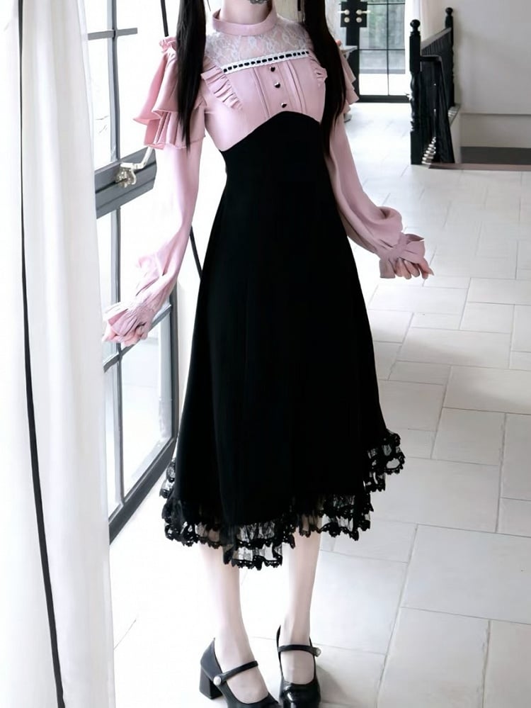Lace Black Pink Jirai Kei Panel Long-Sleeve Design Dress Ruffled