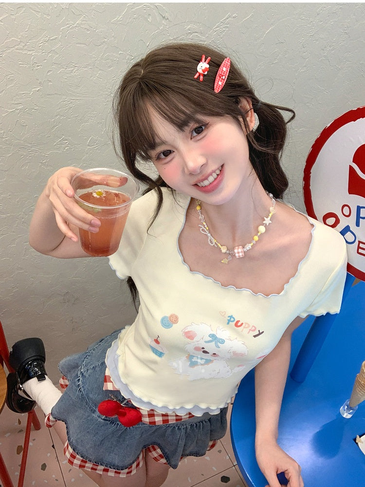 Tシャツ ヘム スクエアネック アプリコット パピープリント レタス