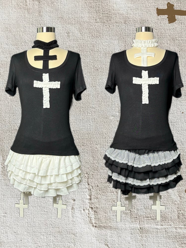 Trim Black/White Gothic Mini Tiered Lace Skort with