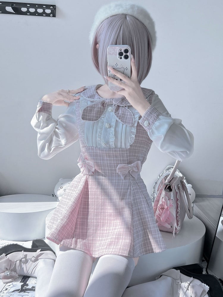 Kei Design Ärmel Top Plaid Outfit-Plisseeing + Details Jirai Bowknot Shorts Rosa Lange