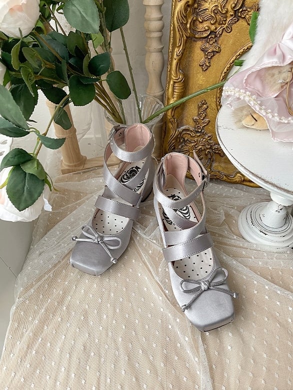 Ballet Square for Crisscross Gray Design Foot Lengh Heels - at 36 23cm Size Clearance Middle Elegant Toe Knotted Bow Top Satin