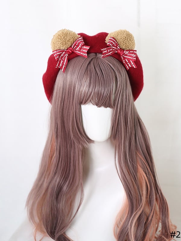 Dark 2 Lolita Beret Ear Bowknot Options Red Bear Style - Cute Detachable with